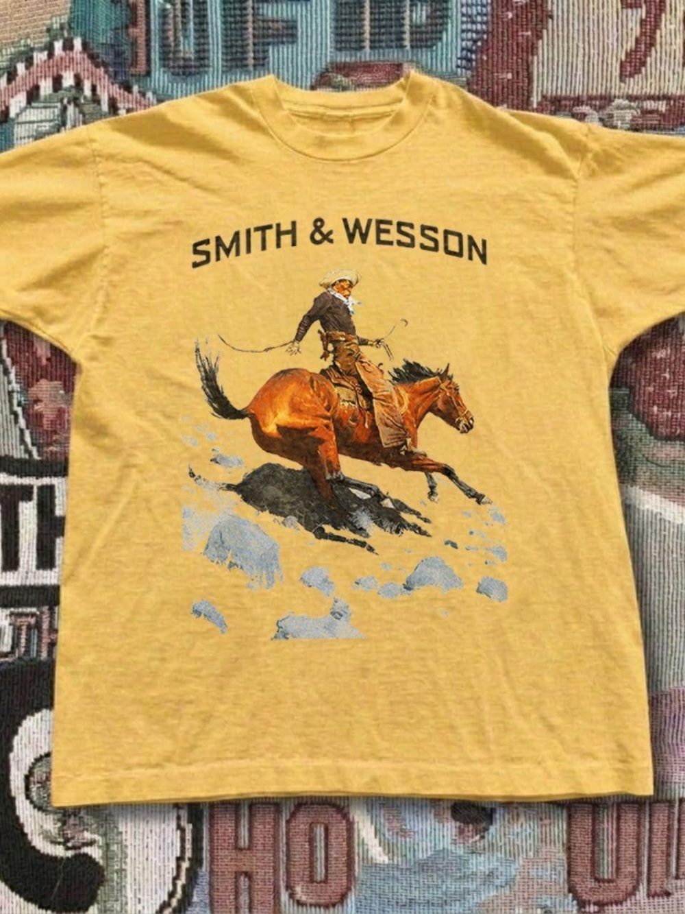 Gildan Yellow Graphic Tee with Cowboy & Horse Print